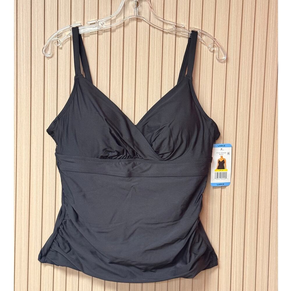 Anne Cole Tankini Top Black Ruched Surplice Swimwear Size L UPF 50 NWT